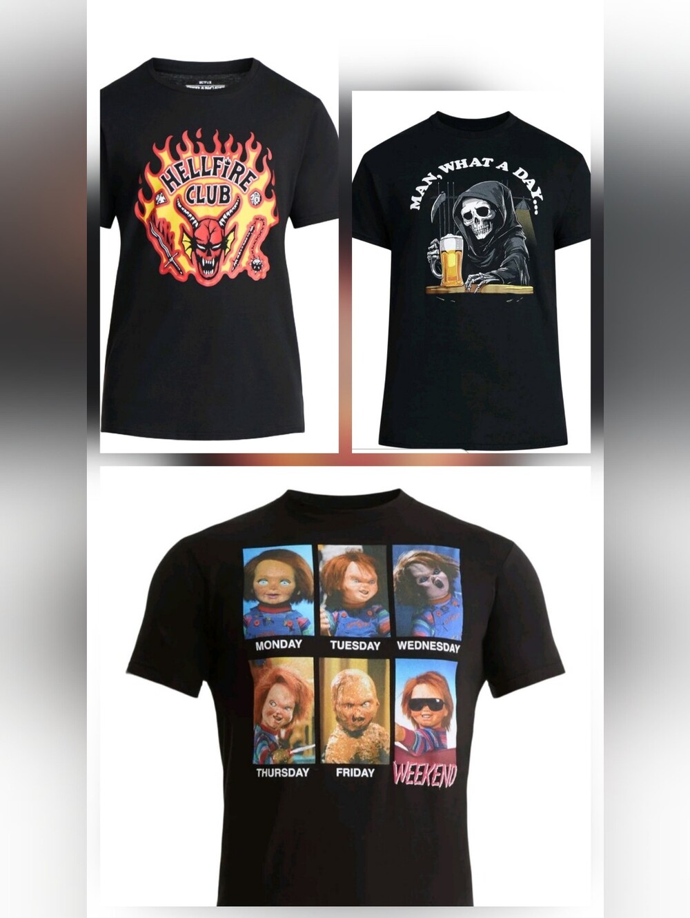 Lot of 3 Mens 3XL Graphic T-Shirts Stranger Things Chucky Grim Reaper NWT